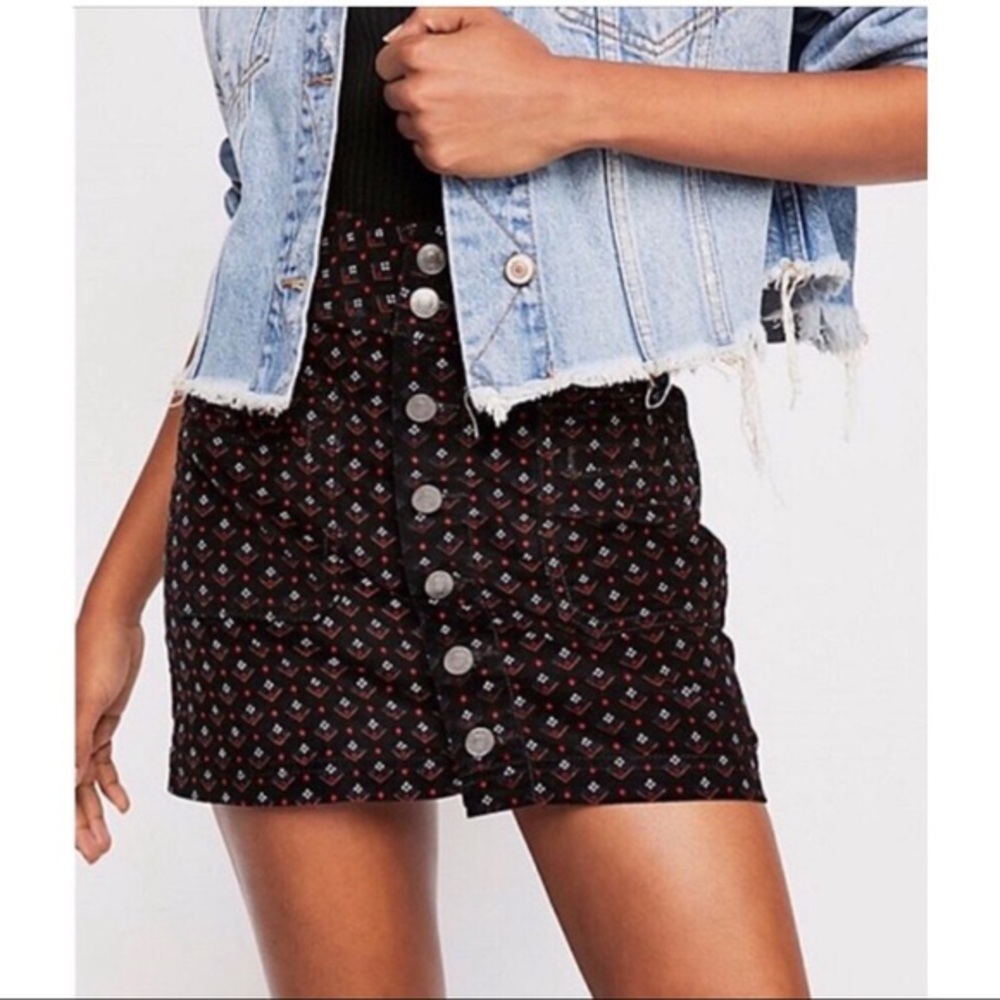 Free People Black Mini Skirt with Red & White Geo Print